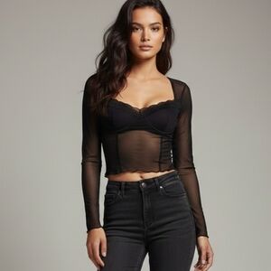 Avanova Women's NWOT Black Sheer Mesh Long Sleeve Crop Top Size Small